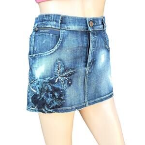 Goldsign Blitz Embroidered Distressed Denim Mini Skirt 27 Rare Sample